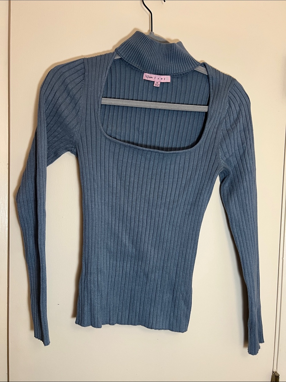 Crave Fame Ribbed Square-Neck Top in Dusty Blue